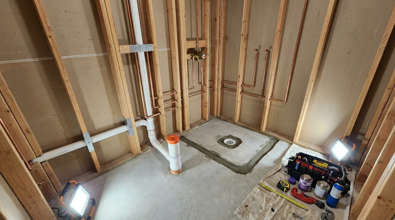 Bathroom rough-in plumbing during remodel by Johns Plumbing LLC in Oakhurst