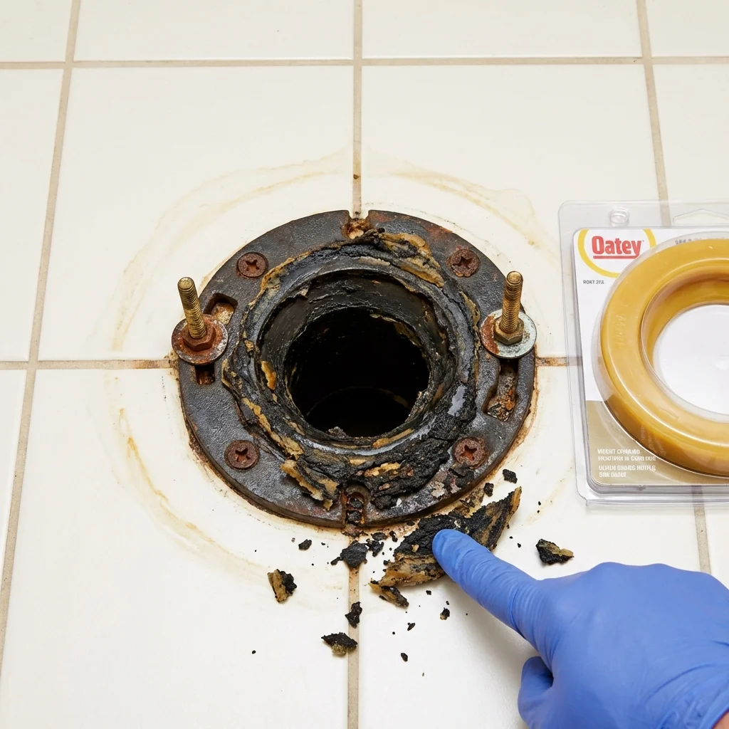 Failed wax ring showing water seepage at the base of a toilet in a Oakhurst, CA home